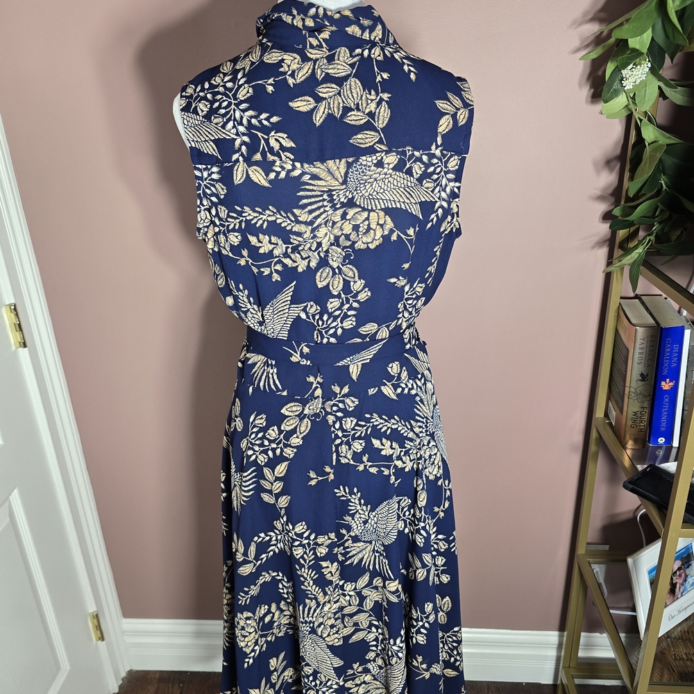 NANETTE LEPORE dark navy floral birds button pleats belted knee dres - Picture 2 of 5